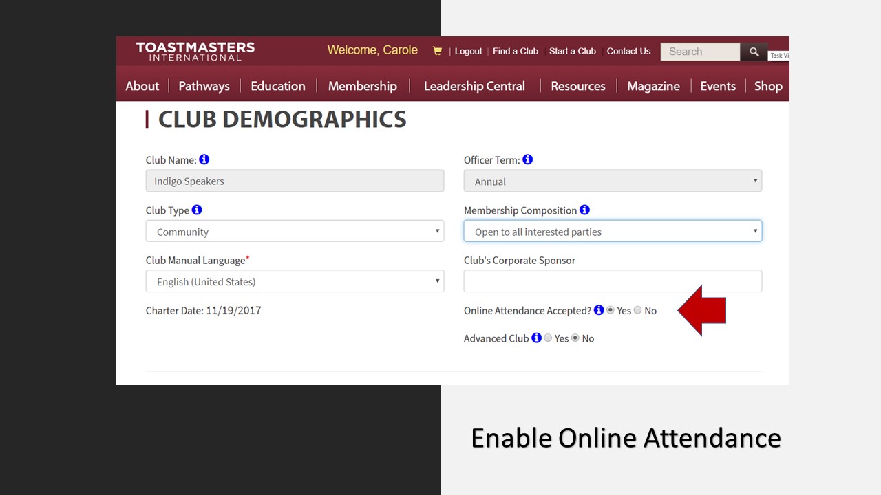 club central online attendance